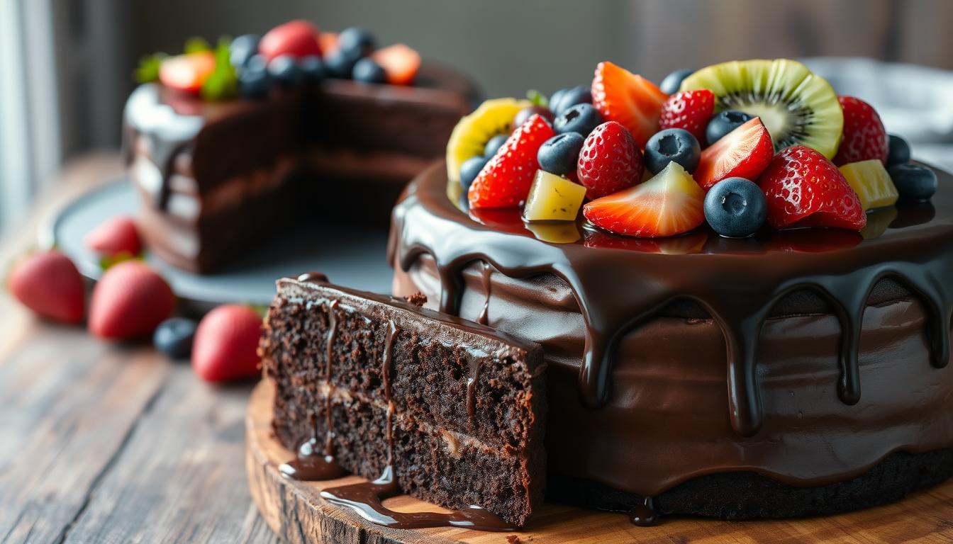 chocolate cake, fruit