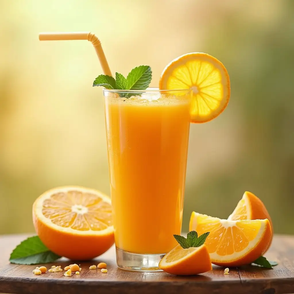 Vibrant orange smoothie with condensation droplets, surrounded by fresh fruit slice