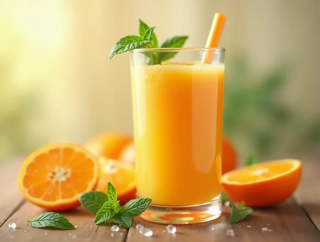 Orange smoothie in a glass on a wooden table, decorated with mint leaves and orange wedges