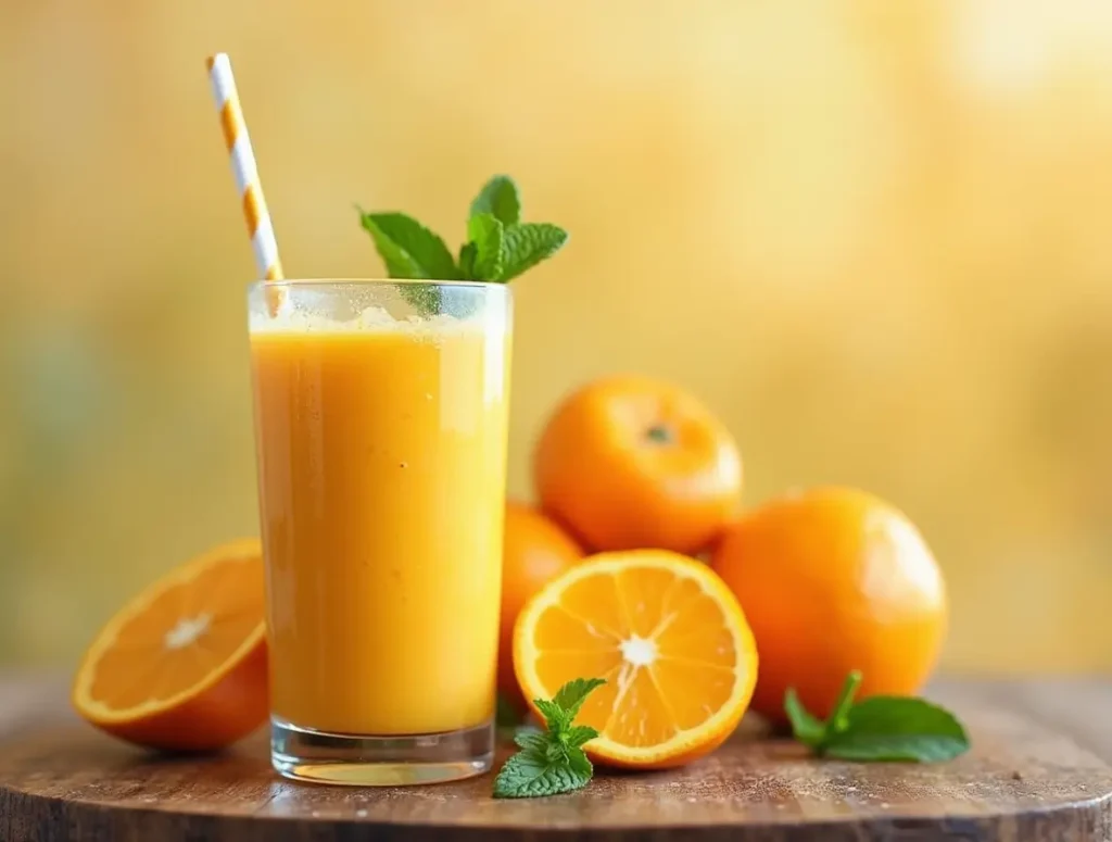 Fresh orange smoothie in a glass with orange slices and mint leaves on a wooden table